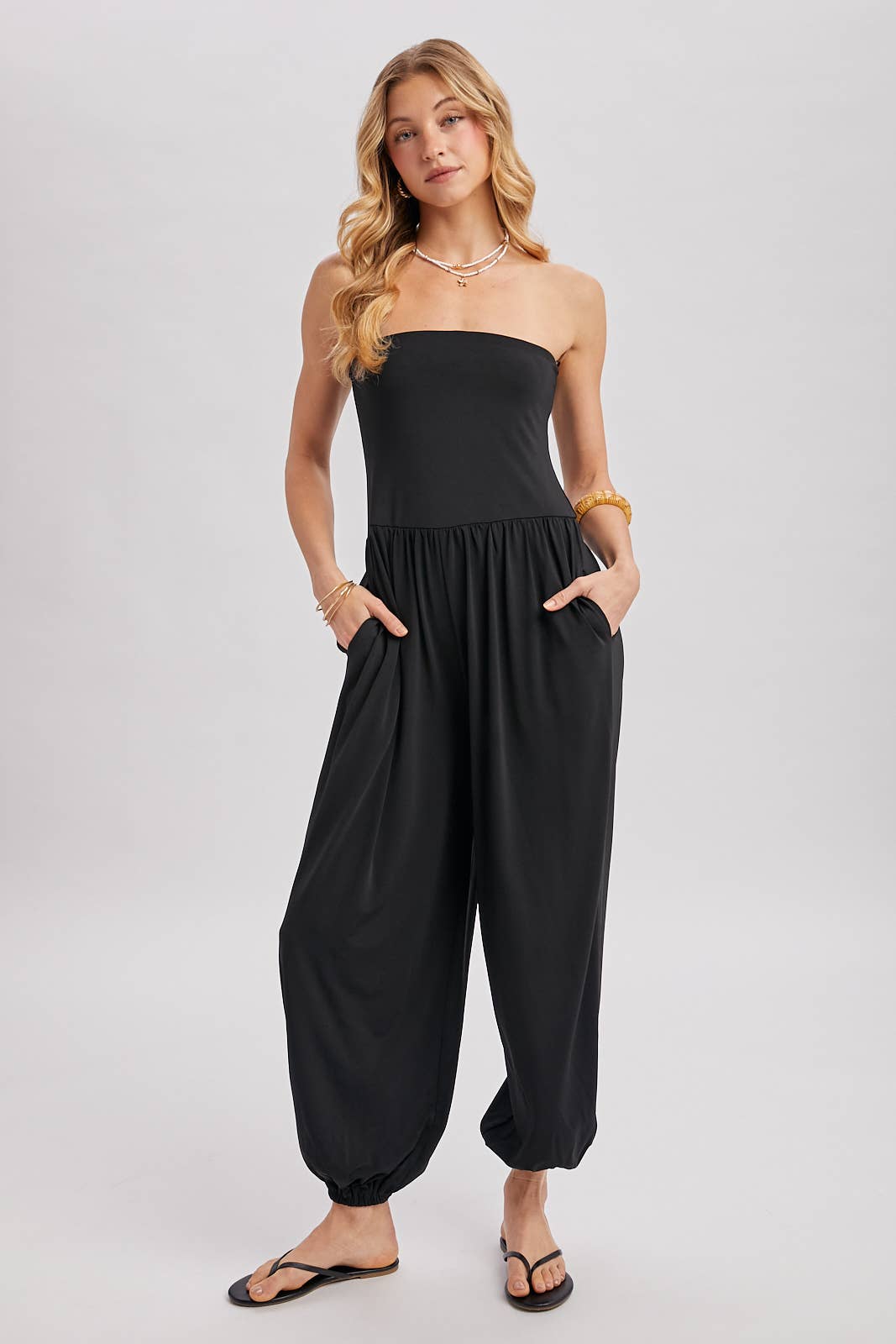 Strapless Ruched-Ankle Jumpsuit