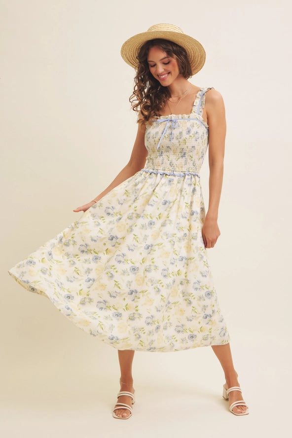 Adeline Floral Smocked Midi Dress with Bow