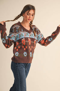FUZZY FLORAL KNIT COLLARED SWEATER