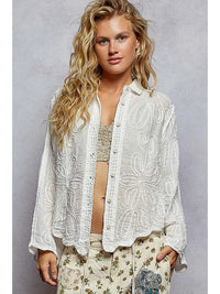 POL White Long Sleeve Crochet Embroidered Top