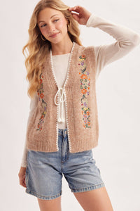 Vintage Embroidered Self-Tie Front Knit Vest