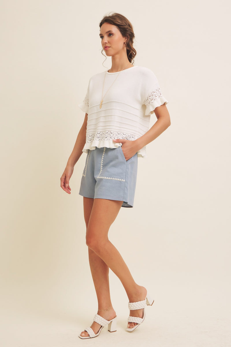 Pointelle Detailed Ruffled Hem Sweater Top