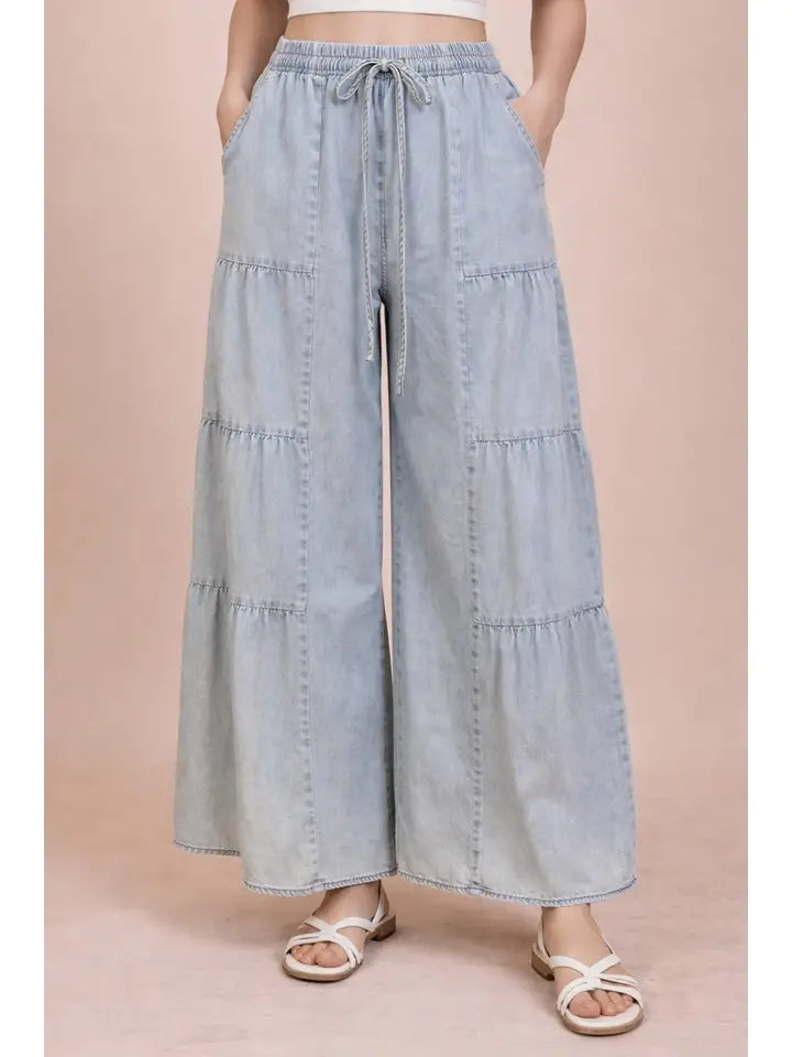 Tiered Chambray Wide Leg Pants
