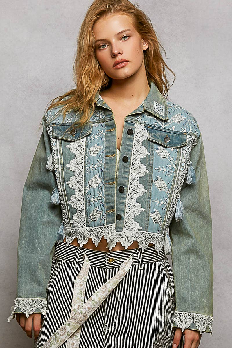 POL Vintage Embroidered Sparkle Metal Button Down Denim Jacket
