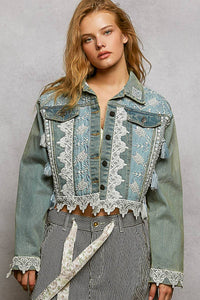 POL Vintage Embroidered Sparkle Metal Button Down Denim Jacket