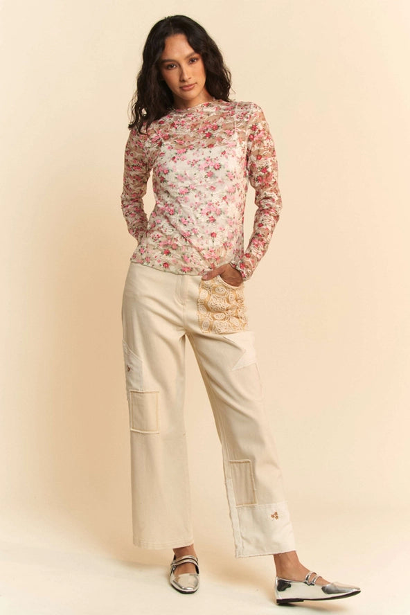 Cream or Pink Floral Print Mesh Layering Top