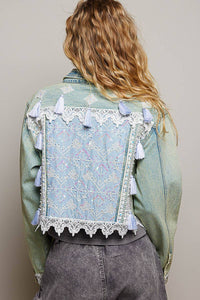 POL Vintage Embroidered Sparkle Metal Button Down Denim Jacket