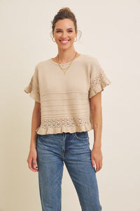 Pointelle Detailed Ruffled Hem Sweater Top