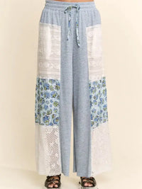 Blue Soft Waffle Knit Lace Print Pants