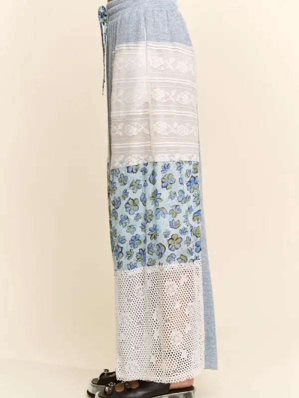 Blue Soft Waffle Knit Lace Print Pants