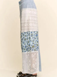 Blue Soft Waffle Knit Lace Print Pants