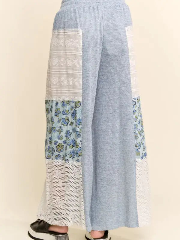 Blue Soft Waffle Knit Lace Print Pants
