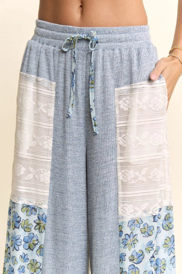 Blue Soft Waffle Knit Lace Print Pants