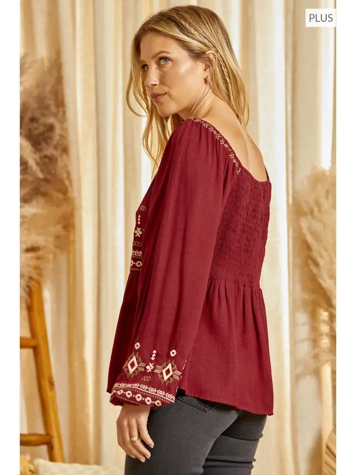 Bethany's Plus Sized Embroidered Blouse in Brick