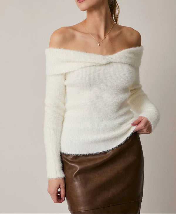 Off Shoulder Long Sleeve Twister Fuzzy Cream Sweater