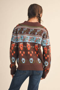 FUZZY FLORAL KNIT COLLARED SWEATER
