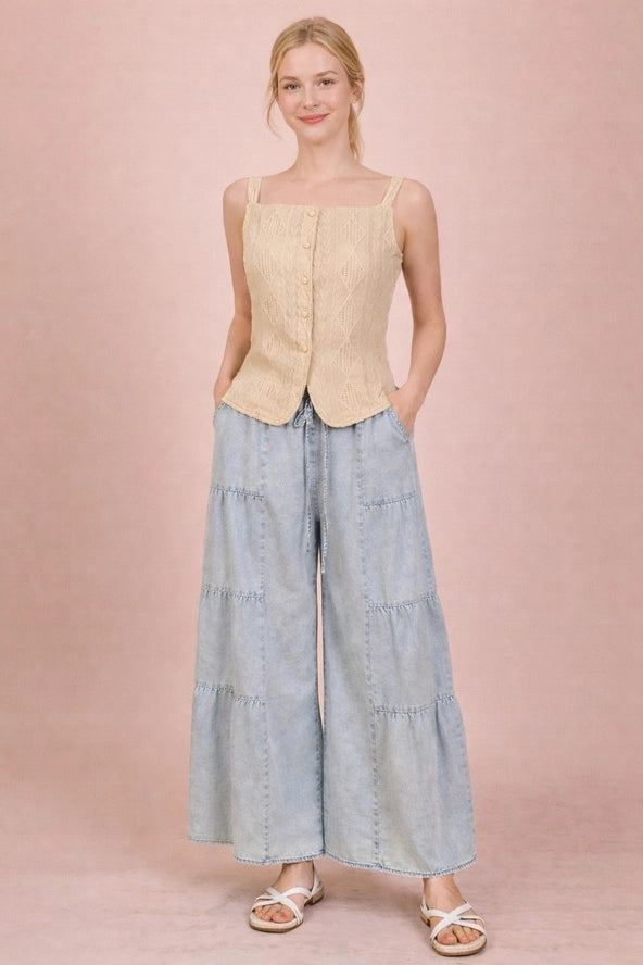 Tiered Chambray Wide Leg Pants