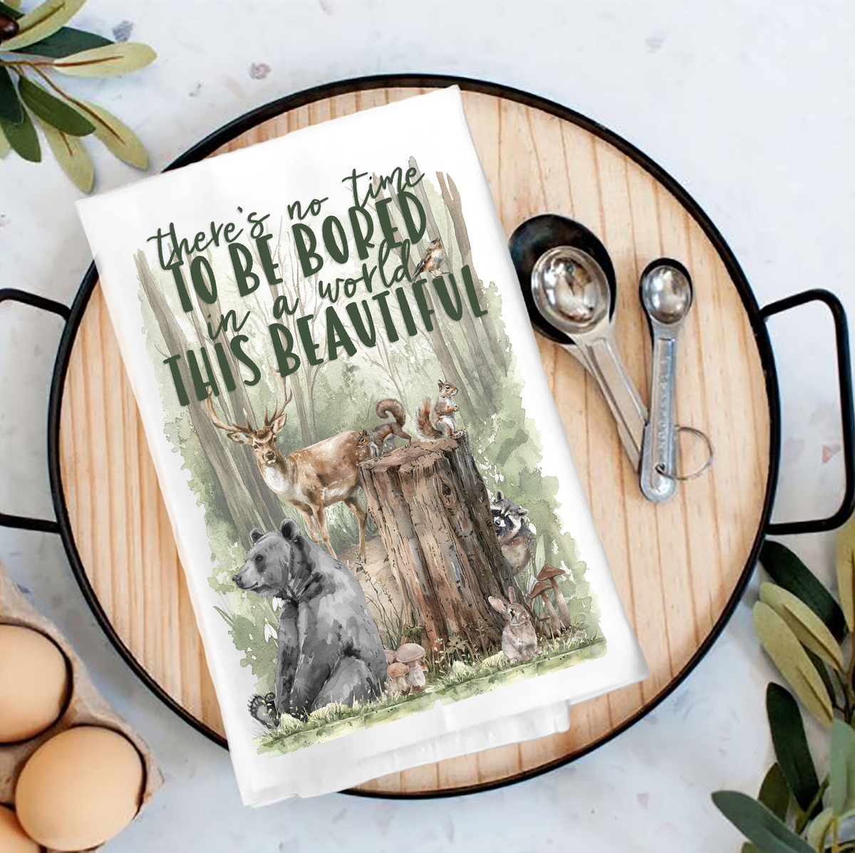Woodland Animals A world of beauty Tea Towel Customized with Woodland Park CO 8,600 Ft
