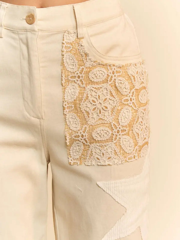 Contrasting Fabric Patch Stretch Denim Jeans