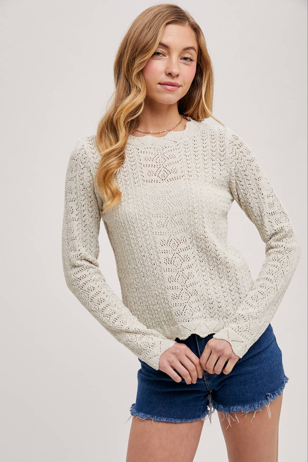 Delicate Ivory Pointelle Open Knit Top