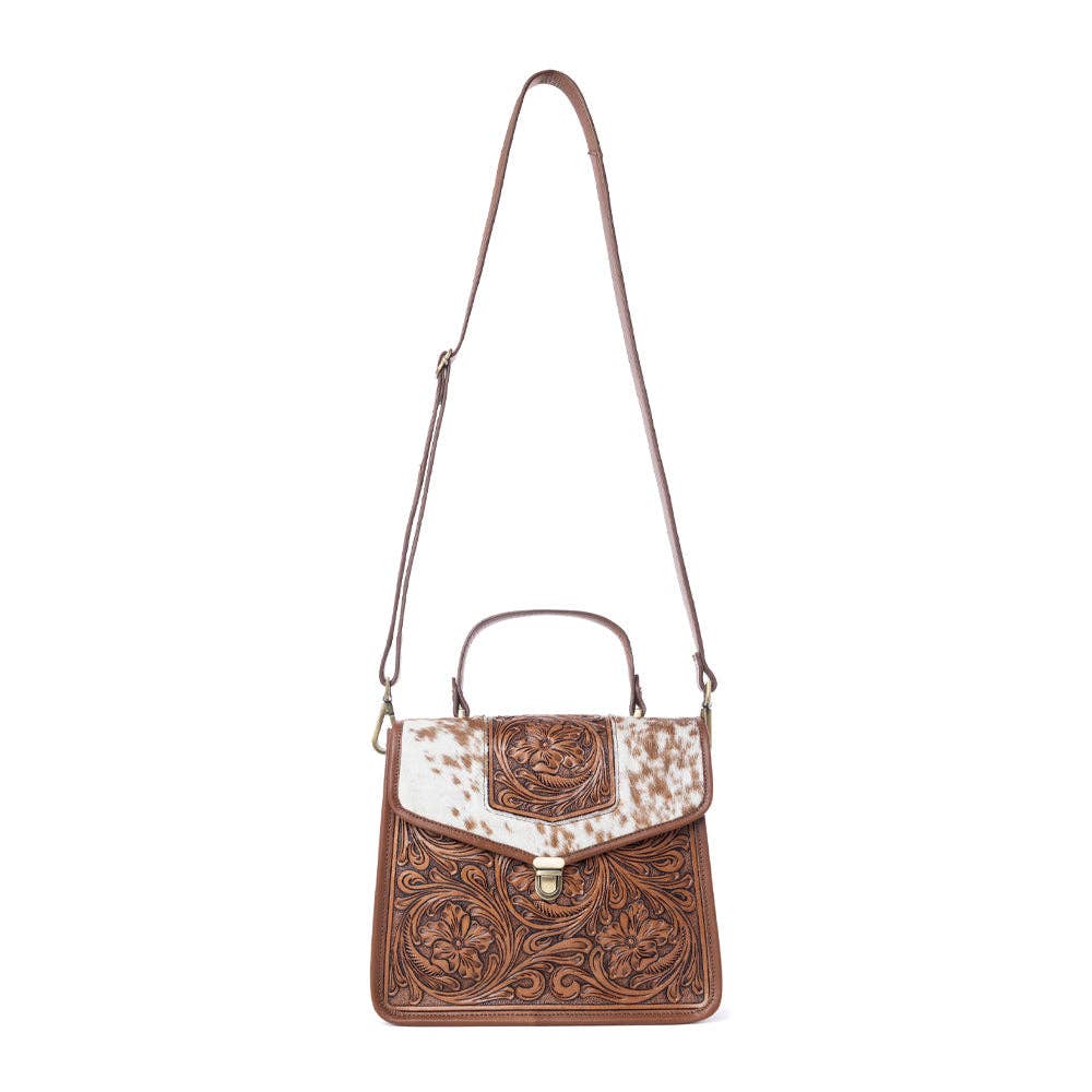 Duchess Hairon Handtooled Flap and Button Leather Satchel