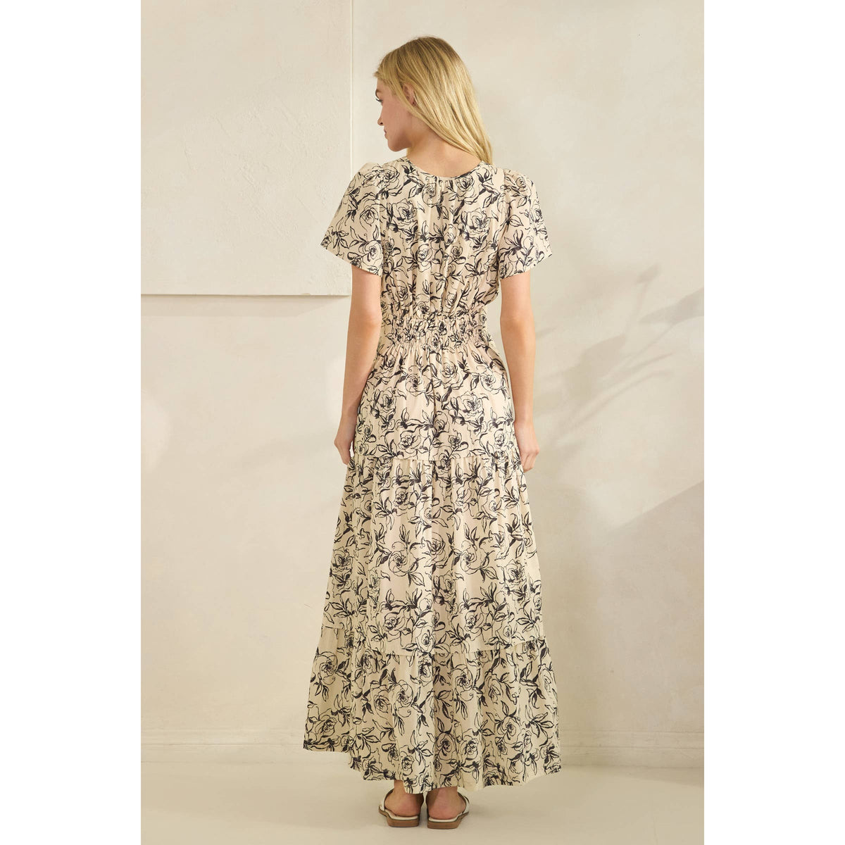Romantic Rose Print Smocked Tiered Short Sleeve Maxi Dress