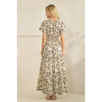 Romantic Rose Print Smocked Tiered Short Sleeve Maxi Dress