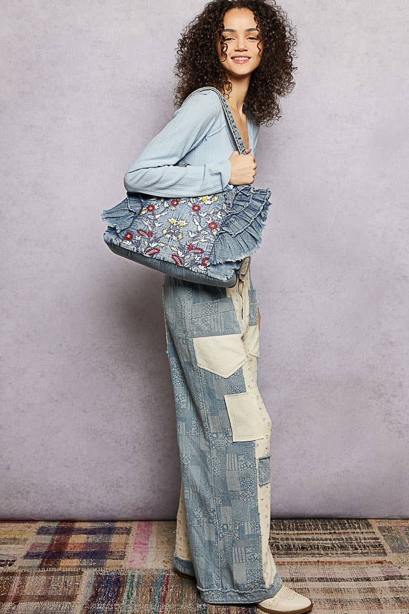 POL Vintage Wash Embroidered Ruffle Denim Tote Bag