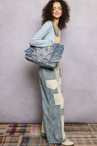 POL Vintage Wash Embroidered Ruffle Denim Tote Bag