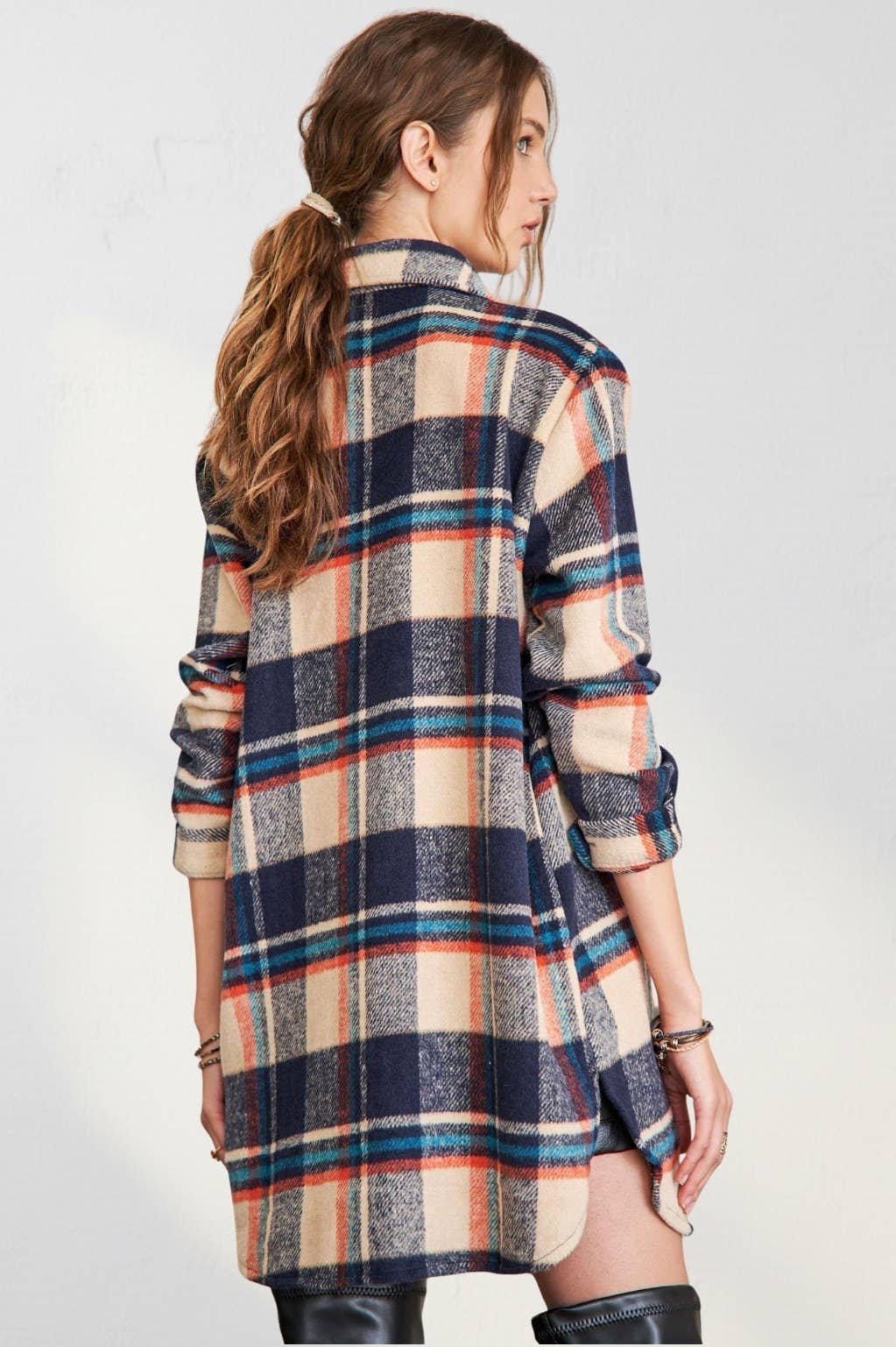 Women's Longline Plaid Flannel Shacket Jacket