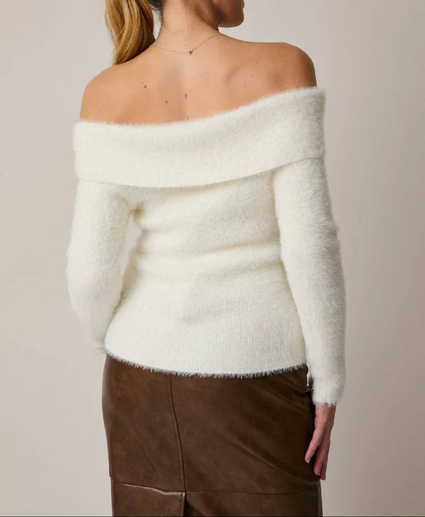 Off Shoulder Long Sleeve Twister Fuzzy Cream Sweater