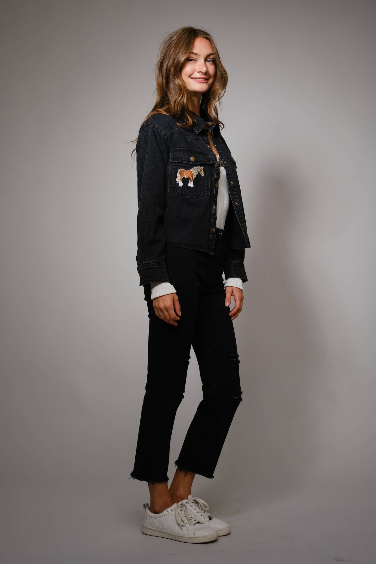 Horse Embroidered Cropped Denim Shirt