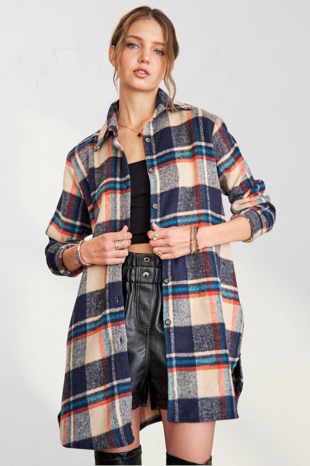 Women's Longline Plaid Flannel Shacket Jacket