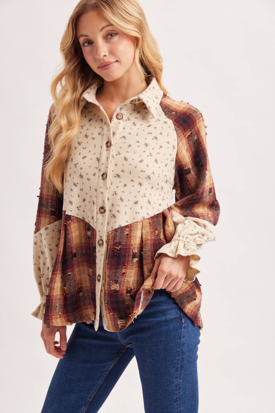 Boho Ditsy Button Down Patchwork Plaid Tunic