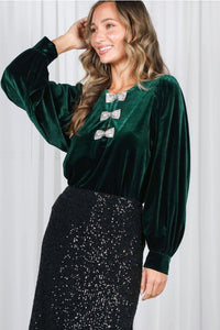 Sequin Bow Accent Luxe Velvet Blouse