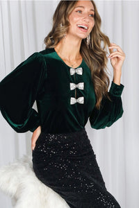 Sequin Bow Accent Luxe Velvet Blouse