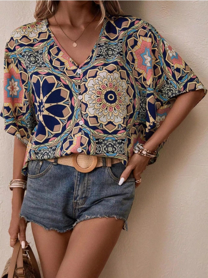 V Neck Multicolor Blouse