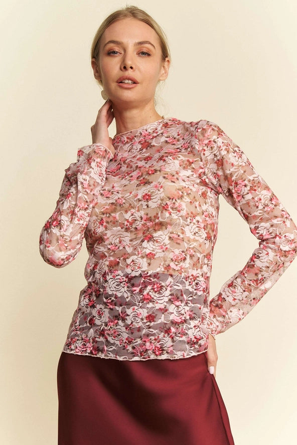 Cream or Pink Floral Print Mesh Layering Top