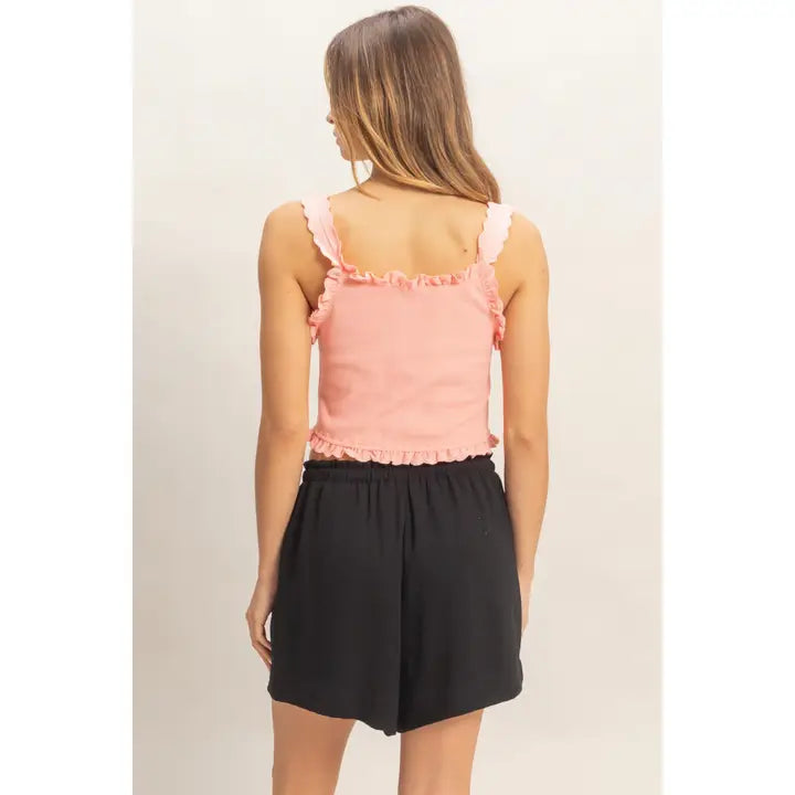 Pink Lace Ruffle Trim Tank Top