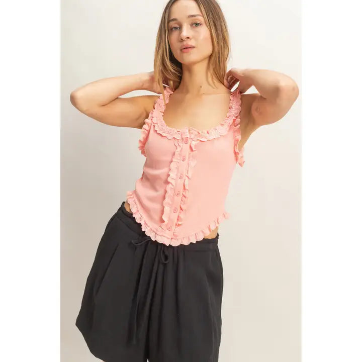 Pink Lace Ruffle Trim Tank Top