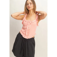 Pink Lace Ruffle Trim Tank Top