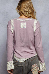 Lavender Long Sleeve V Neck Print Patch Ruffle Rib Knit Top