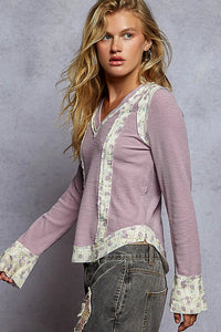 Lavender Long Sleeve V Neck Print Patch Ruffle Rib Knit Top