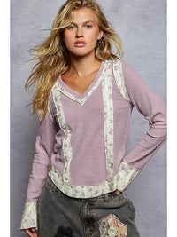 Lavender Long Sleeve V Neck Print Patch Ruffle Rib Knit Top