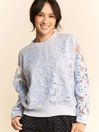 Plus-Size Sheer Delicate Floral Embroidered Sweatshirt