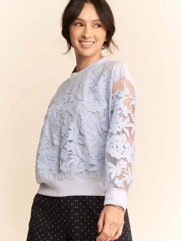 Soft Sheer Floral Embroidered Sweatshirt