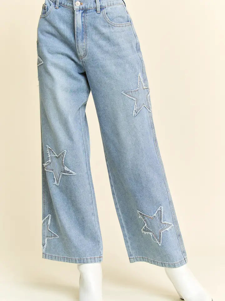 Star Patchwork Wide Leg Denim Pants