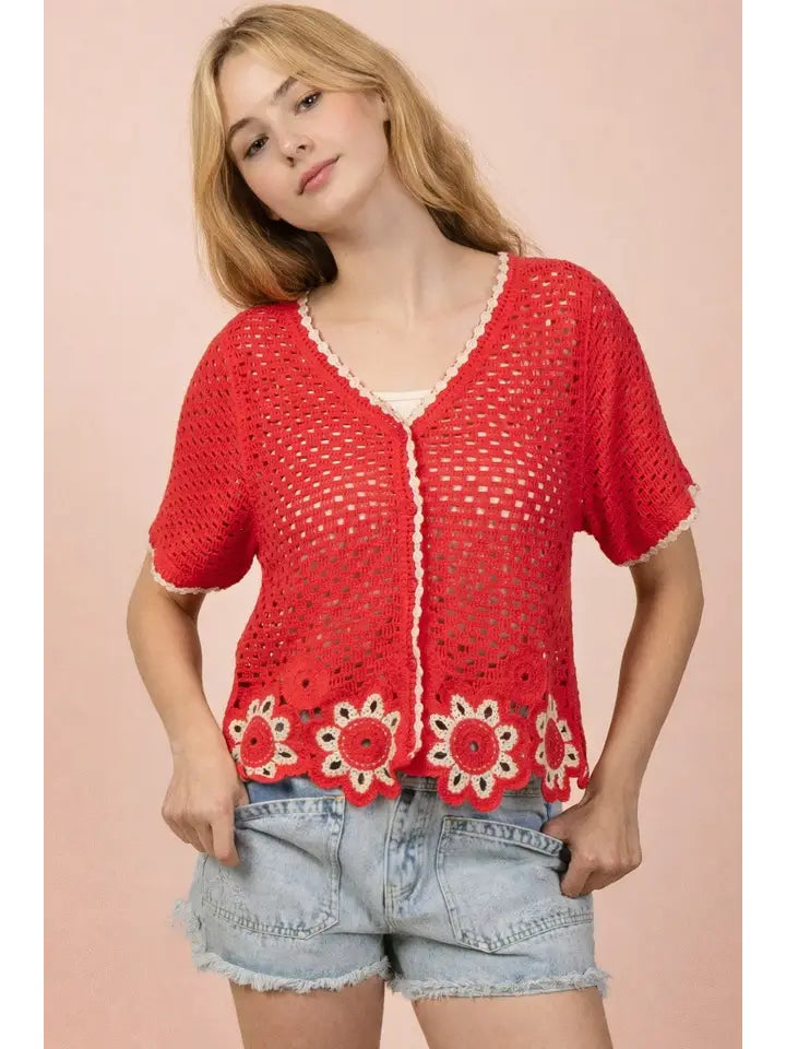 Red Floral Hem Crochet Button Down Top