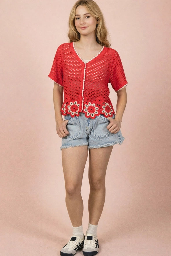 Red Floral Hem Crochet Button Down Top