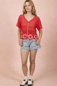 Red Floral Hem Crochet Button Down Top